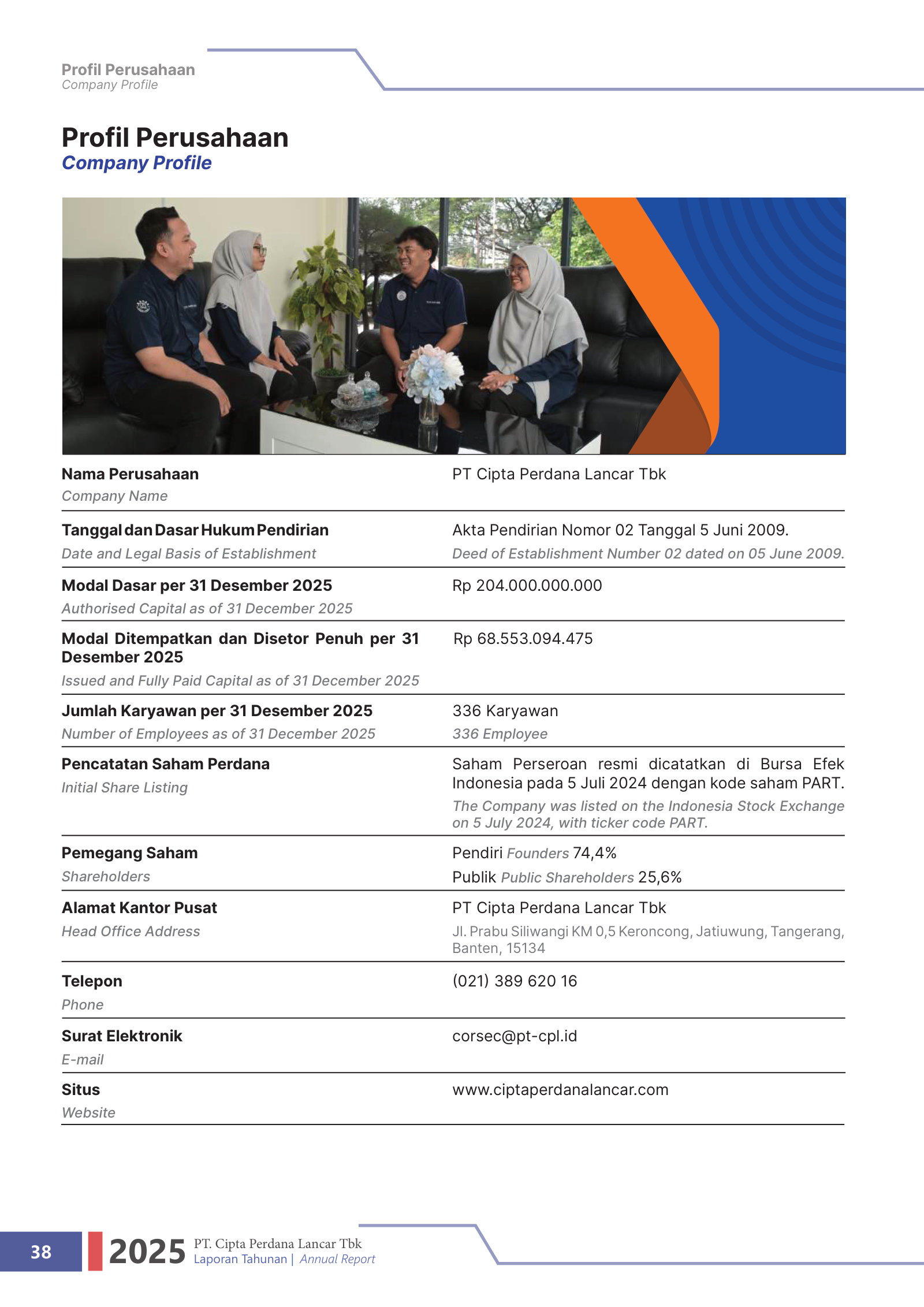 Identity card: metal-stamping manufacturer founded 2009 in Tangerang, 336 employees, listed on IDX 5 Jul 2024, founders 74.4% / public 25.6%.