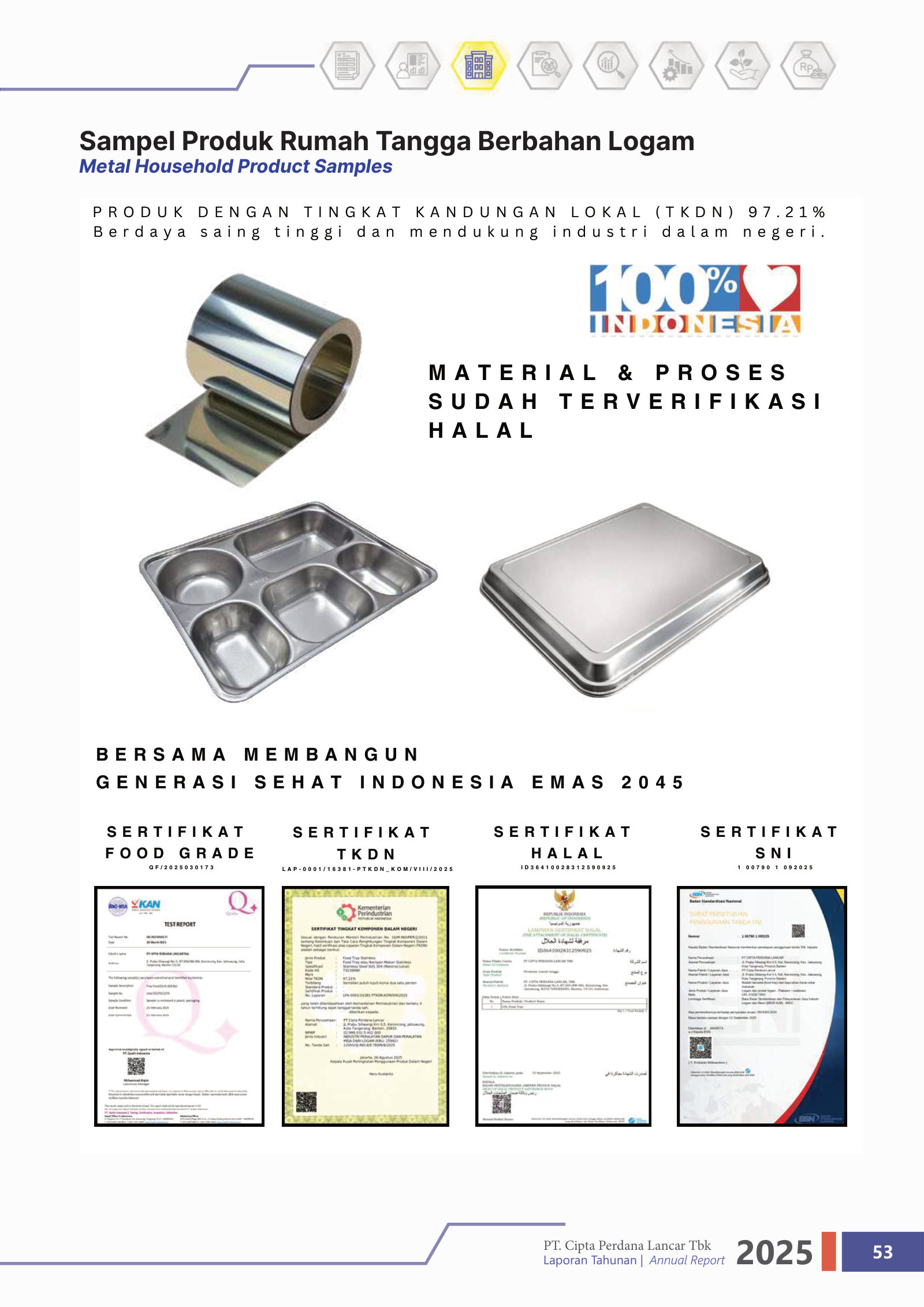 Metal household products: 97.21% local-content stainless meal trays with food-grade, halal and SNI certification — the new consumer segment.